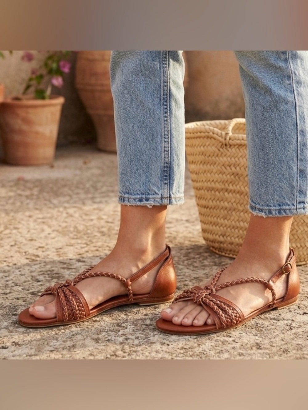 Elf Handmade / Braided Leather T-Strap Sandals Brown / Boho Artisan Flat / 10.5